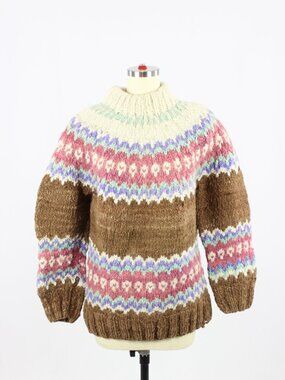 Vintage Handmade Ecuadorian Brown Pink Lopi Fair Isle 100% Wool Knit Sweater